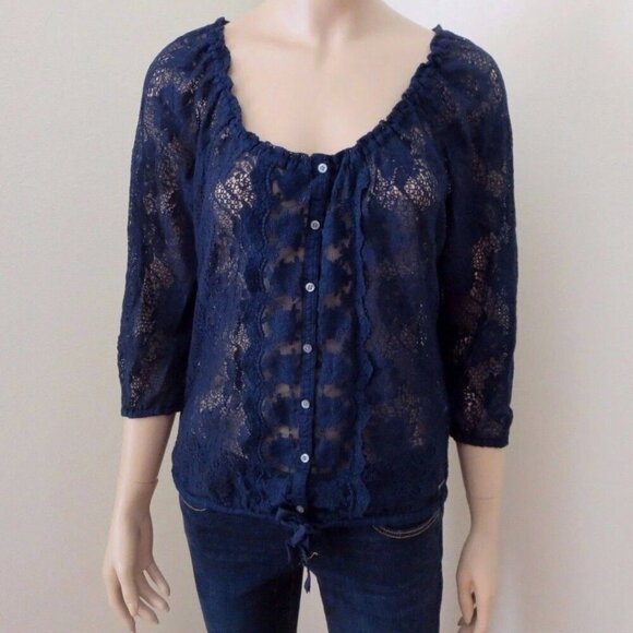 NWT Hollister Womens Lace Top Size Medium Shirt Blouse 3/4 Sleeve Navy Blue - Picture 1 of 6